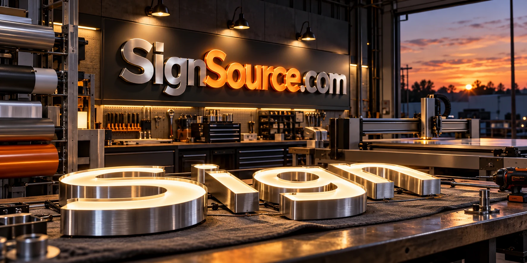 Illuminated channel letters on a sign fabrication workshop bench