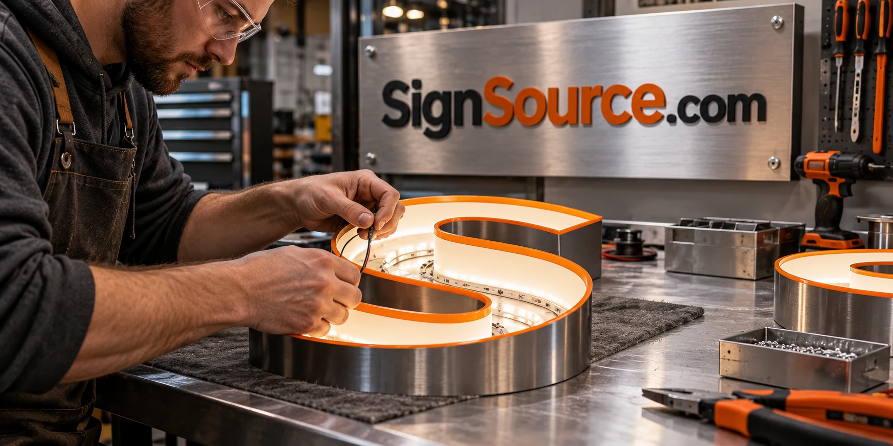 Crafting an illuminated metal letter at a sign workshop